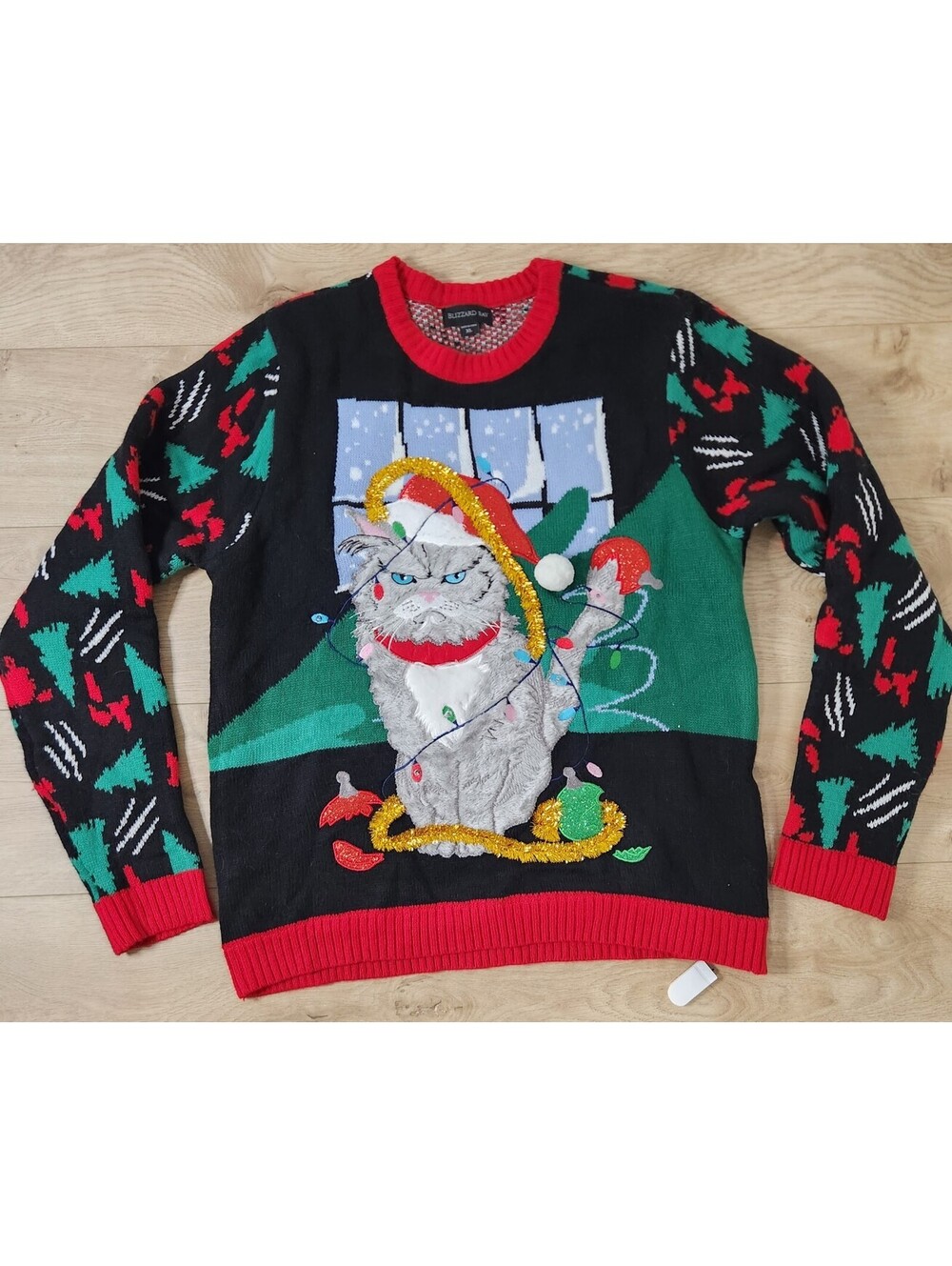 Blizzard Bay Light-Up 3D Naughty Kitten Cat Ugly Christmas Tree Party Sweater XL